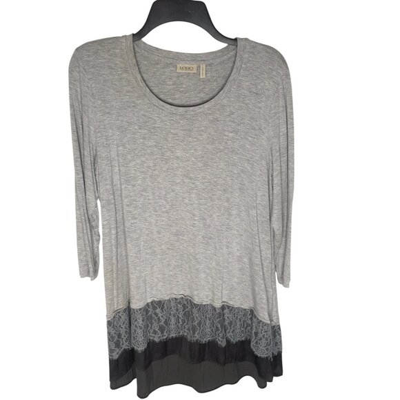 LOGO Lori Goldstein Shirt Womens Large Gray Tunic Lace Chiffon Hem 3/4 Sleeve - Picture 12 of 12